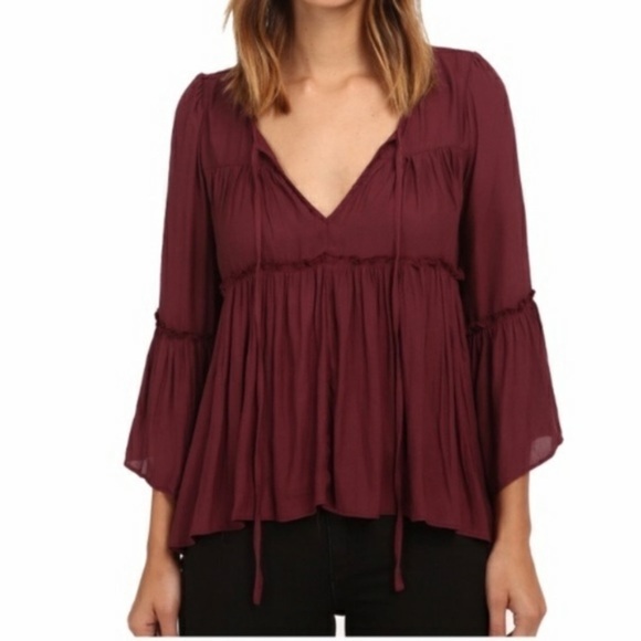 Free People Tiered Flowy Peasant Style Burgundy Blouse EUC - Picture 11 of 12